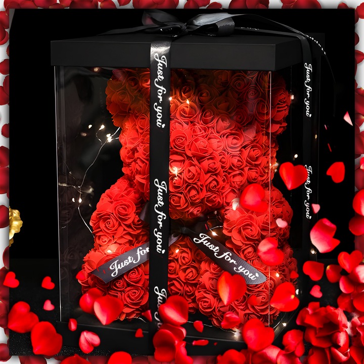 Miś z Róż 25cm - czerwony miś z róż w pudełku prezentowym